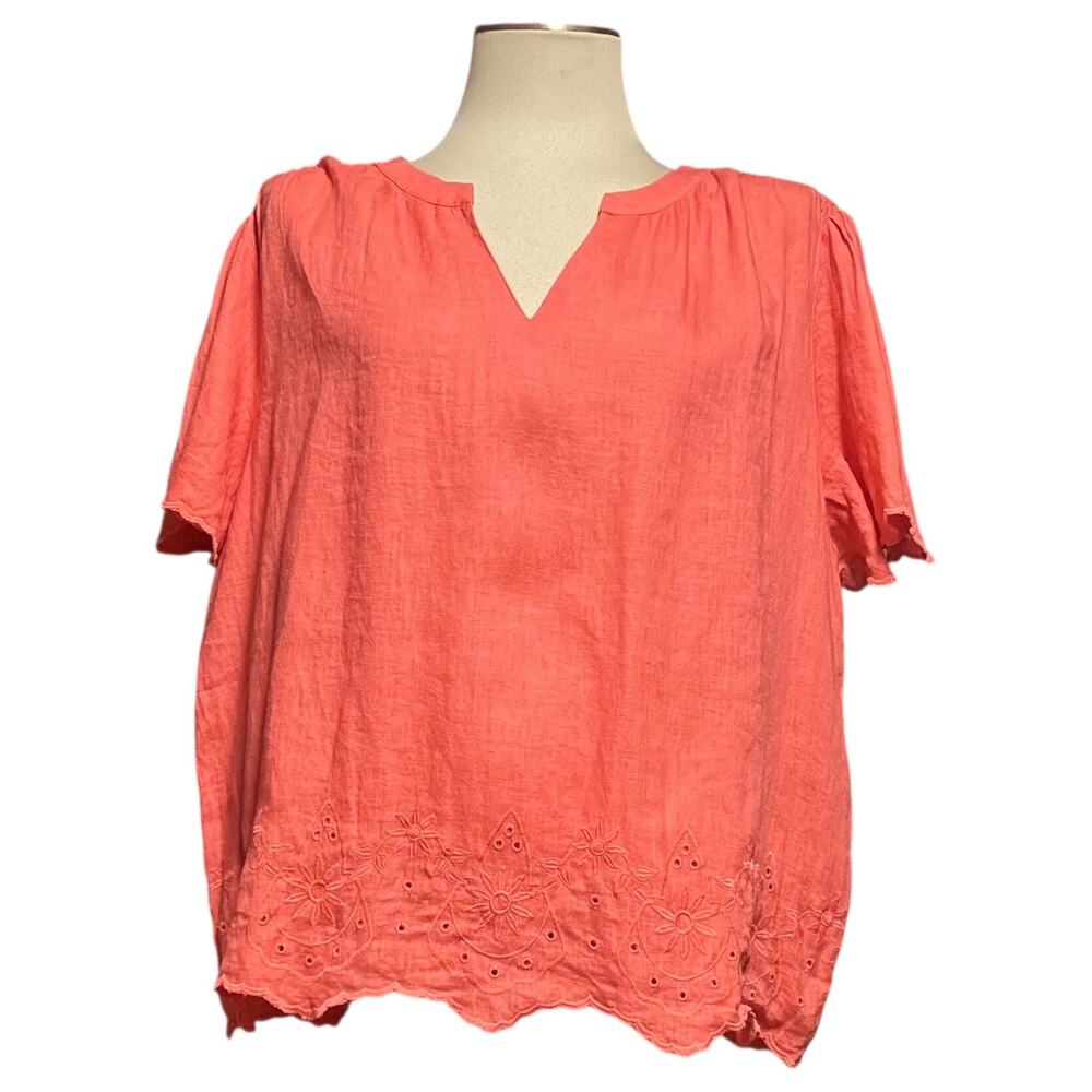 Chico's 100% Linen Short Sleeve V-Neck Top Pink 3.5 18